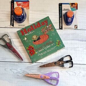 Holiday wishes rubber stamp set plus extra craft supplies bundle of 6 items